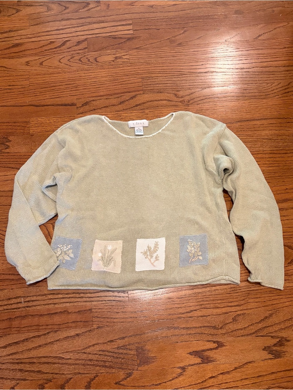 VTG J.Jill Sweater Medium Sage Green Knit Floral Embroidered Patchwork Pullover - Picture 11 of 11
